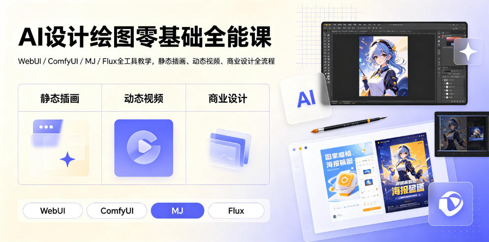 AI设计绘图零基础全能课|WebUI/ComfyUI/MJ/Flux全工具教学,静态插画、动态视频、商业设计全流程-吾爱自习网