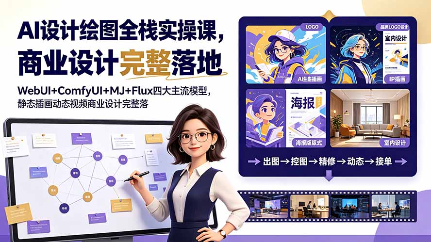 AI设计绘图全栈实操课，WebUI+ComfyUI+MJ+Flux四大主流模型，静态插画动态视频商业设计完整落地教程-吾爱自习网