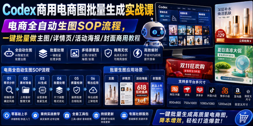 Codex商用电商图批量生成实战课｜电商全自动生图SOP流程，一键批量做主图/详情页/活动海报/封面商用教程-吾爱自习网