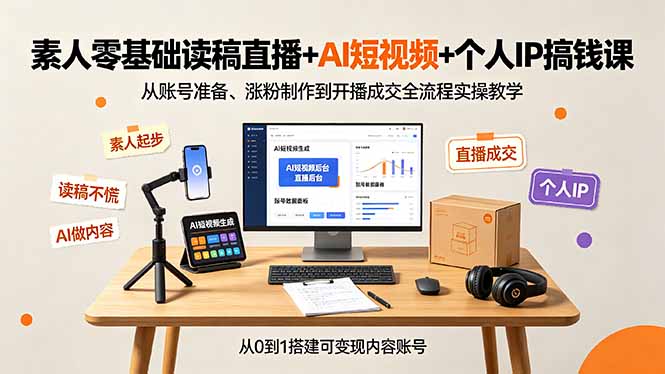 素人零基础读稿直播+AI短视频+个人IP搞钱课，从账号准备、涨粉制作到开播成交全流程实操教学-吾爱自习网