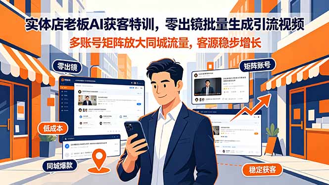 实体店老板AI获客特训，零出镜批量生成引流视频，多账号矩阵放大同城流量，客源稳步增长-吾爱自习网