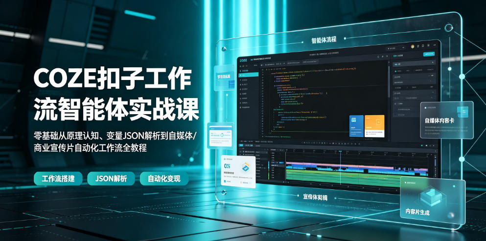 COZE扣子工作流智能体实战课｜零基础从原理认知、变量JSON解析到自媒体/商业宣传片自动化工作流全教程-吾爱自习网
