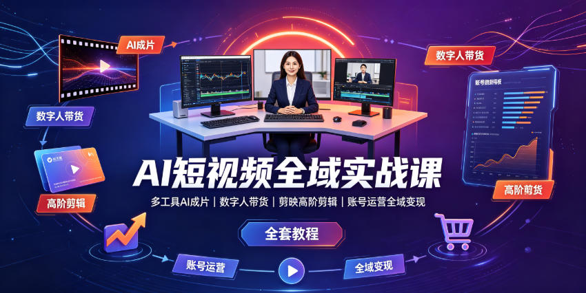 AI短视频全域实战课｜多工具AI成片、数字人带货、剪映高阶剪辑、账号运营全域变现全套教程-吾爱自习网