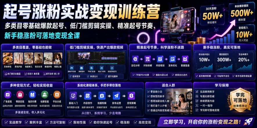 苗子起号涨粉实战变现训练营，多类目零基础爆款起号、精准起号节奏、新手稳涨粉可落地变现全课福星网赚创业资源-网赚项目-副业赚钱-互联网创业-资源整合福星网赚资源