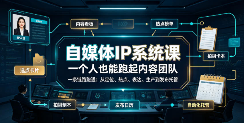 自媒体IP系统课，一个人也能跑起内容团队，一条链路跑通，从定位、热点、表达、生产到发布托管-吾爱自习网