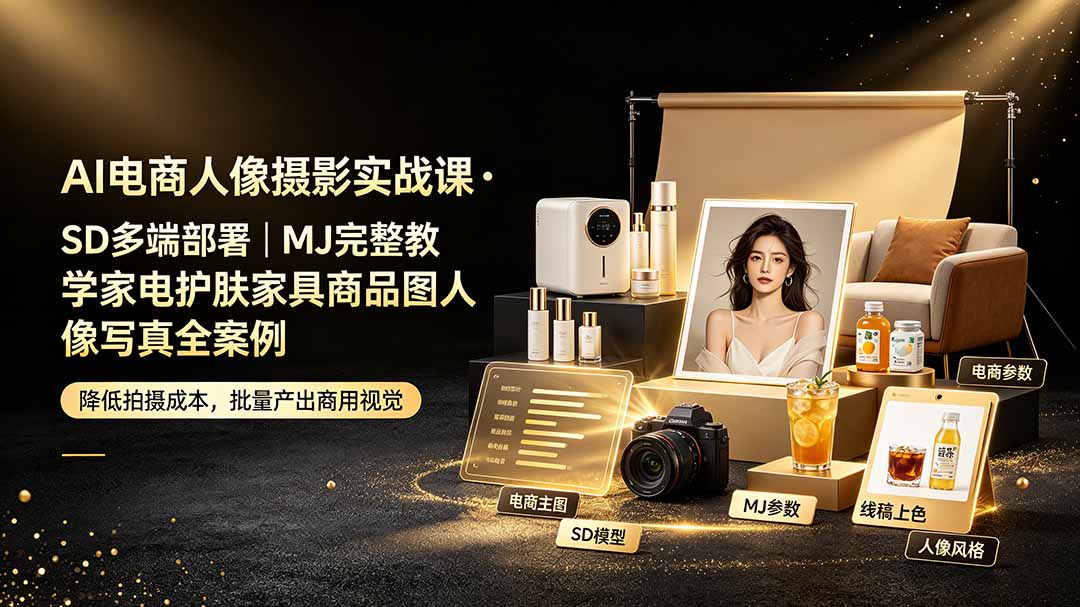 AI电商人像摄影实战课·SD多端部署|MJ完整教学|家电护肤家具商品图人像写真全案例-吾爱自习网