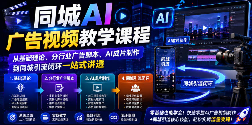 同城AI广告视频教学课程,从基础理论、分行业广告脚本、AI成片制作到同城引流闭环一站式讲透-吾爱自习网