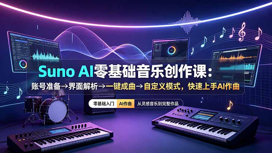 Suno AI零基础音乐创作课：账号准备→界面解析→一键成曲→自定义模式，快速上手AI作曲-吾爱自习网