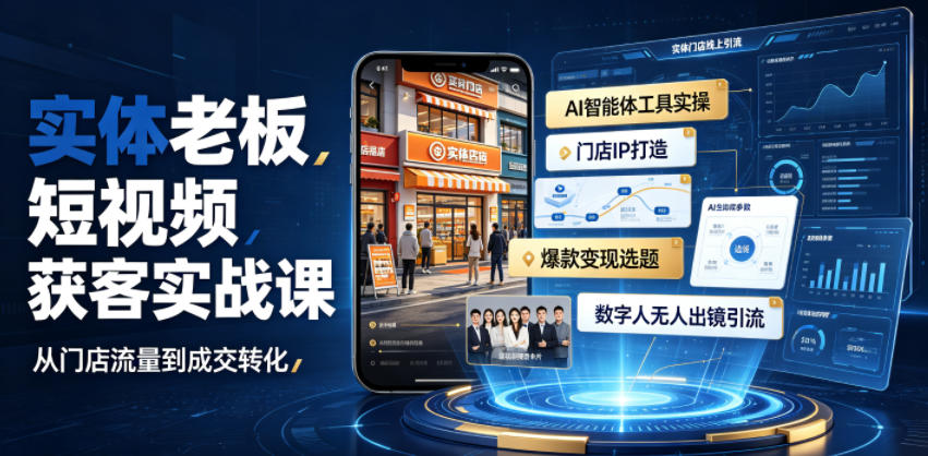 实体老板短视频获客实战课|AI智能体工具全套实操、门店IP打造、爆款变现选题、数字人无人出镜引流完整教程-吾爱自习网