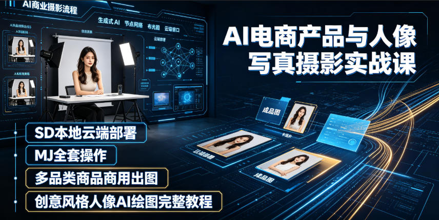 AI电商产品与人像写真摄影实战课|SD本地云端部署、MJ全套操作、多品类商品商用出图、创意风格人像AI绘图完整教程-吾爱自习网