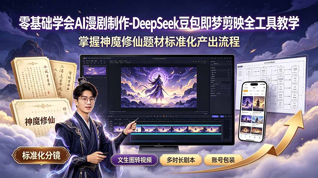 零基础学会AI漫剧制作-DeepSeek豆包即梦剪映全工具教学，掌握神魔修仙题材标准化产出流程-吾爱自习网
