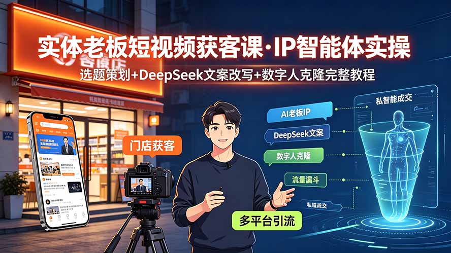 实体老板短视频获客课·IP智能体实操|选题策划+DeepSeek文案改写+数字人克隆完整教程-吾爱自习网