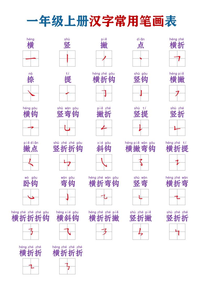 一年级上语文常用笔画名称表-吾爱自习网