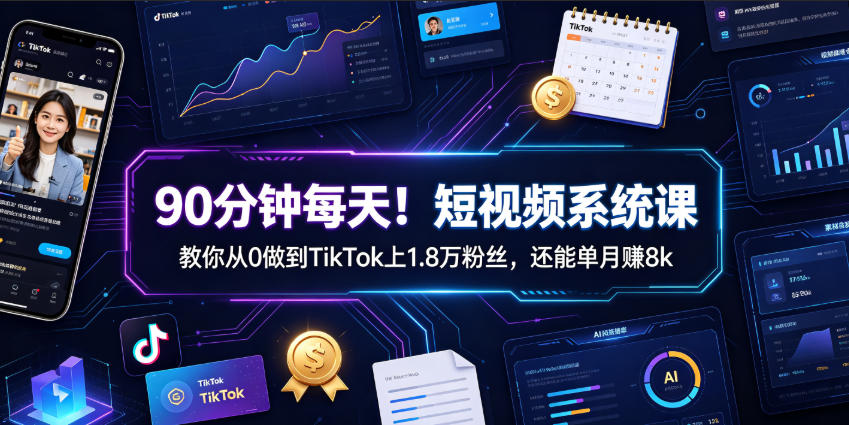 90分钟每天！短视频系统课教你从0做到TikTok上1.8万粉丝，还能单月賺8k【原创双语字幕】-吾爱自习网