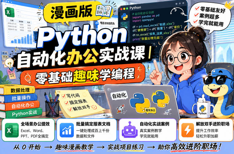 漫画版Python自动化办公实战课｜零基础趣味学编程，全场景办公提效、批量搞定报表文档、解放双手进阶职场-吾爱自习网