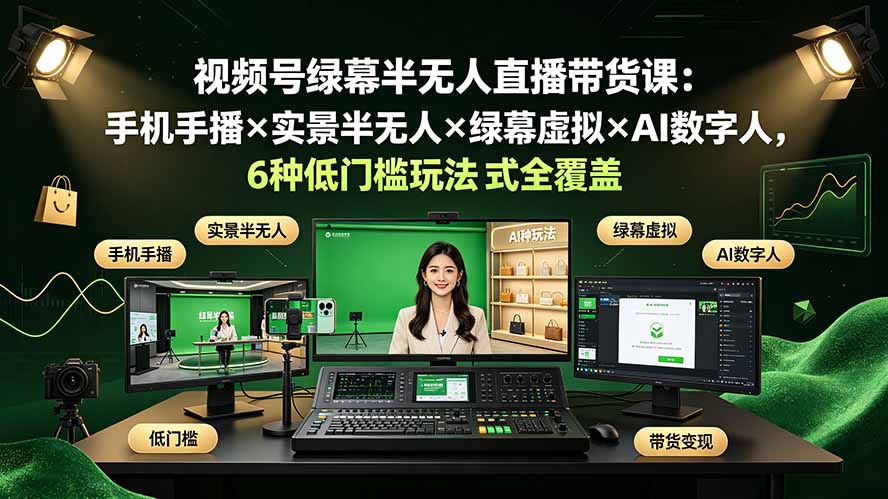 视频号绿幕半无人直播带货课：手机手播×实景半无人×绿幕虚拟×AI数字人，6种低门槛玩法全覆盖福星网赚创业资源-网赚项目-副业赚钱-互联网创业-资源整合福星网赚资源