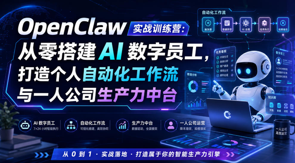 OpenClaw实战训练营:从零搭建AI数字员工,打造个人自动化工作流与一人公司生产力中台-吾爱自习网