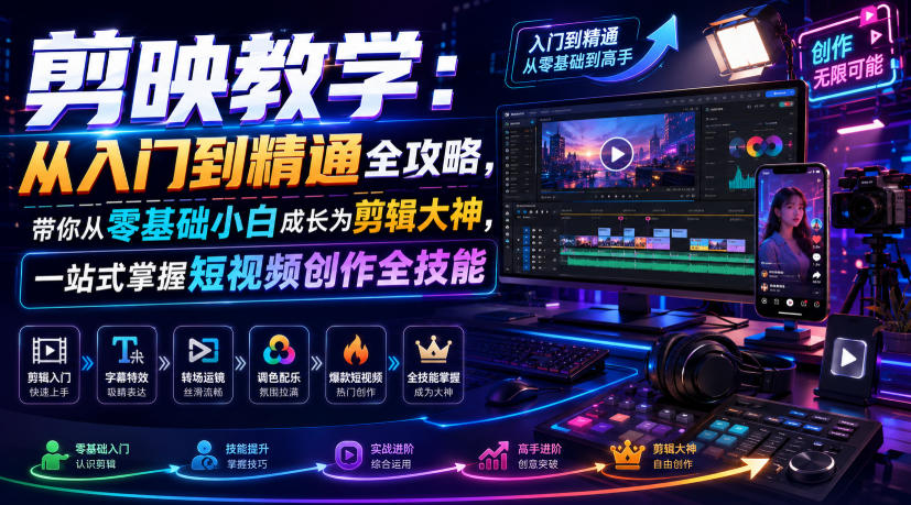 剪映教学:从入门到精通全攻略,带你从零基础小白成长为剪辑大神,一站式掌握短视频创作全技能-吾爱自习网