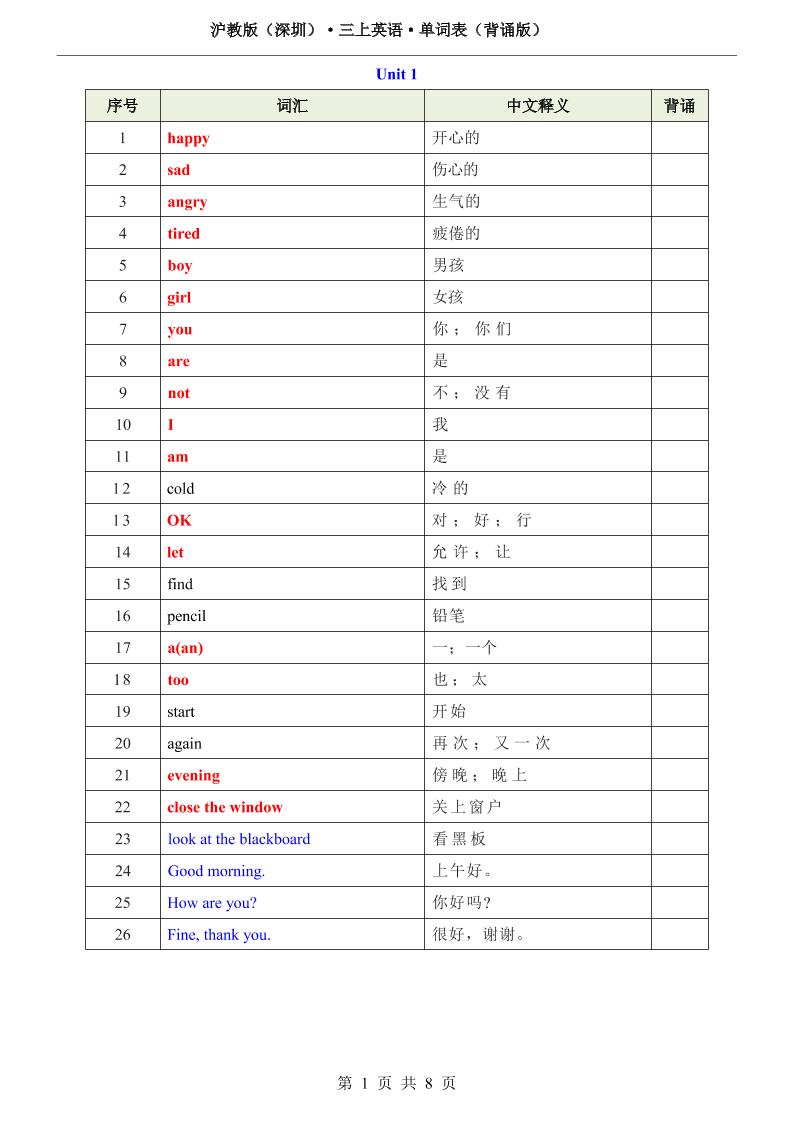 沪教版（深圳）·三上英语·单词表（背诵版）-吾爱自习网
