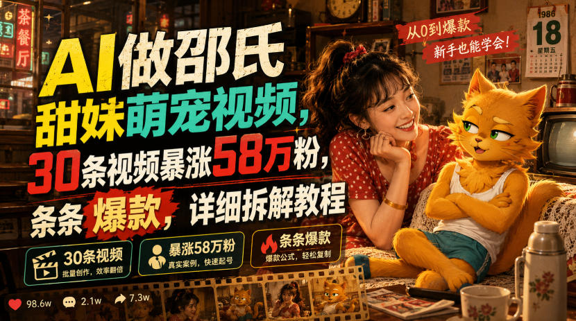 AI做邵氏甜妹萌宠视频，30条视频暴涨58万粉，条条爆款，详细拆解教程福星网赚创业资源-网赚项目-副业赚钱-互联网创业-资源整合福星网赚资源