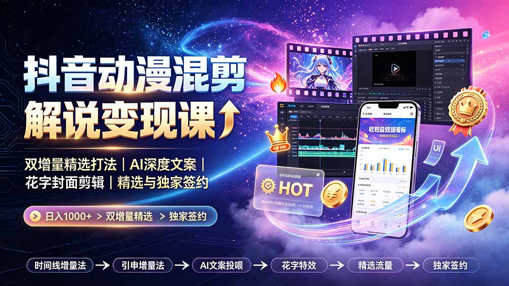 抖音动漫混剪解说变现课:双增量精选打法|AI深度文案|花字封面剪辑| 精选与独家签约日入1000+-旺仔资源库