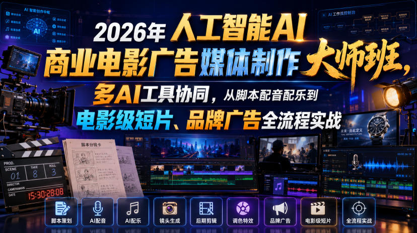 2026年人工智能AI商业电影广告媒体制作大师班，多AI工具协同，从脚本配音配乐到电影级短片、品牌广告全流程实战(中英字幕)-吾爱自习网