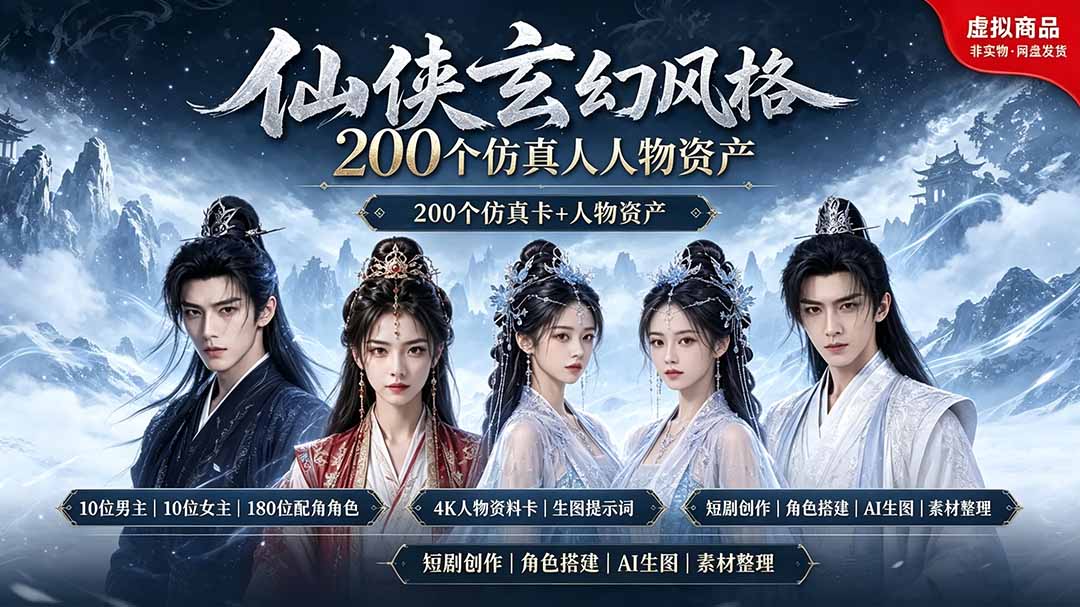 200个仙侠玄幻仿真人素材◆10男主×10女主×180配角，4K资料卡+AI生图提示词，漫剧必备福星网赚创业资源-网赚项目-副业赚钱-互联网创业-资源整合福星网赚资源