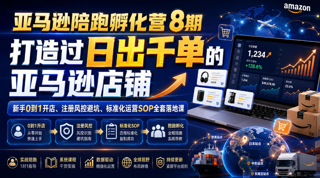 亚马逊陪跑孵化营8期，打造过日出千单的亚马逊店铺，新手0到1开店、注册风控避坑、标准化运营SOP全套落地课-吾爱自习网