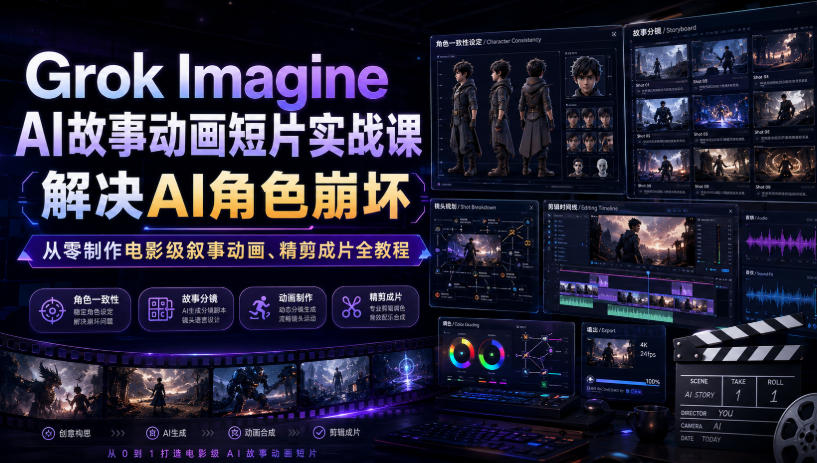 Grok Imagine AI故事动画短片实战课｜解决AI角色崩坏，从零制作电影级叙事动画、精剪成片全教程(中英字幕)-我爱发帖