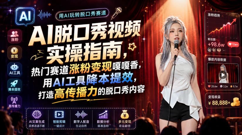 AI脱口秀视频实操指南,热门赛道涨粉变现嘎嘎香,用AI工具降本提效,打造高传播力的脱口秀内容-吾爱自习网