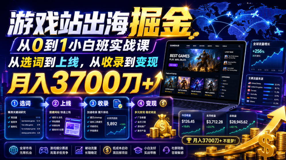 游戏站出海掘金从0到1小白实战课，从选词到上线，从收录到变现，月入3700刀+-旺仔资源库