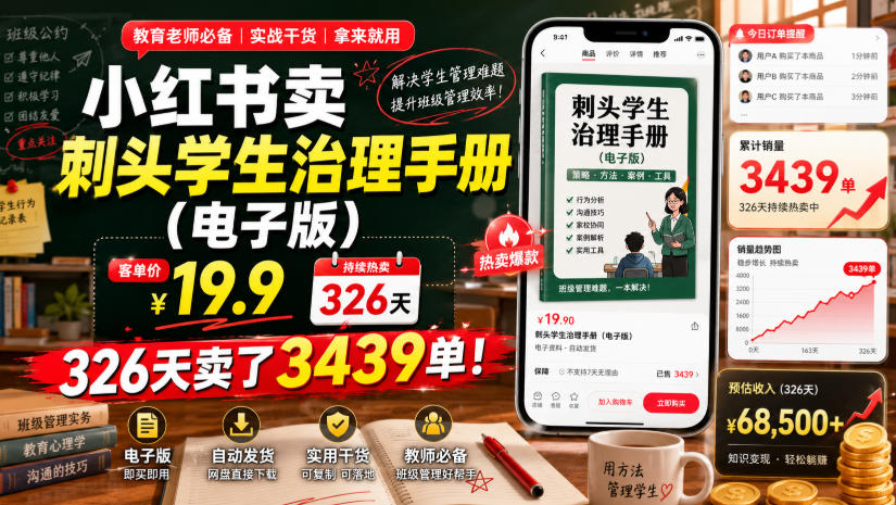 小红书卖刺头学生治理手册(电子版)，客单价19.9，326天卖了3439单！福星网赚创业资源-网赚项目-副业赚钱-互联网创业-资源整合福星网赚资源