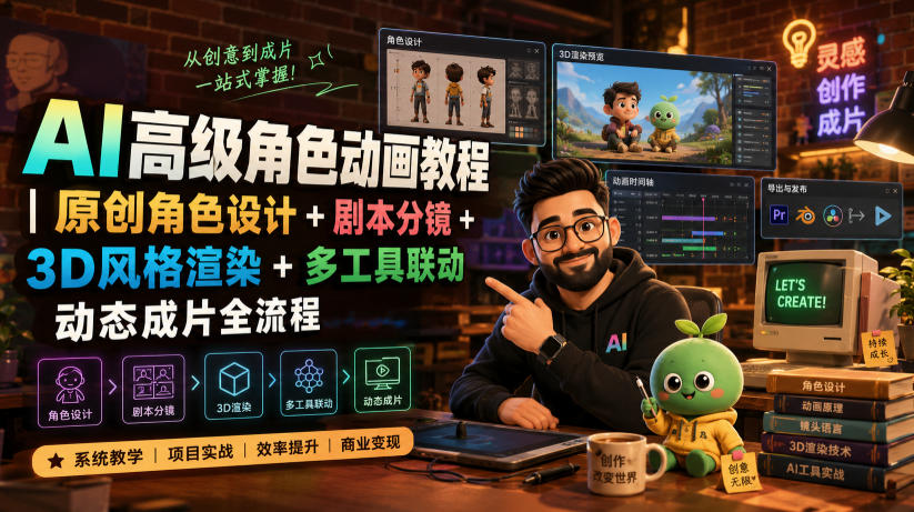AI高级角色动画教程｜原创角色设计+剧本分镜+3D风格渲染+多工具联动动态成片全流程【中英字幕】-我爱发帖