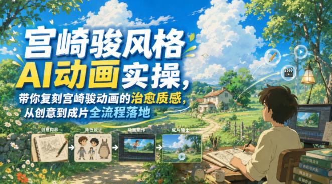 宫崎骏风格AI动画实操，带你复刻宫崎骏动画的治愈质感，从创意到成片全流程落地-旺仔资源库