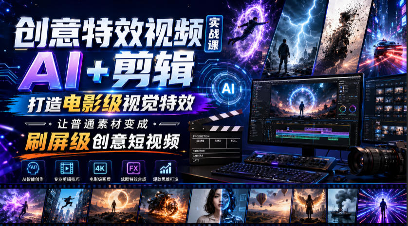 创意特效视频实战课，AI+剪辑打造电影级视觉特效，让普通素材变成刷屏级创意短视频-吾爱自习网