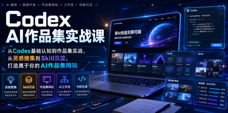 Codex AI作品集实战课，从Codex基础认知到作品集实战，从灵感搜集到Skill沉淀，打造属于你的AI作品集网站福星网赚创业资源-网赚项目-副业赚钱-互联网创业-资源整合福星网赚资源