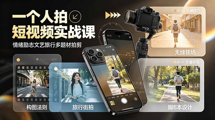 一个人拍短视频实战课：情绪励志文艺旅行多题材×五大景别×黄金构图×八大运镜，从拍摄到成片高效创作福星网赚创业资源-网赚项目-副业赚钱-互联网创业-资源整合福星网赚资源