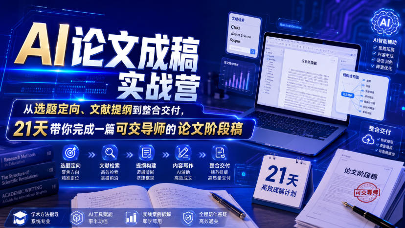 AI论文成稿实战营,从选题定向、文献提纲到整合交付,21天带你完成一篇可交导师的论文阶段稿-旺仔资源库