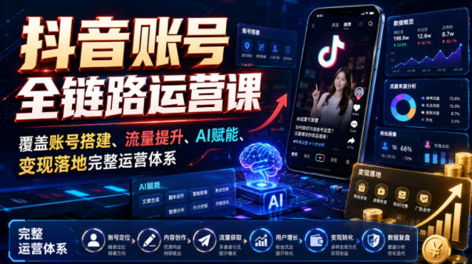 抖音账号全链路运营课，覆盖账号搭建、流量提升、AI赋能、变现落地完整运营体系-我爱发帖