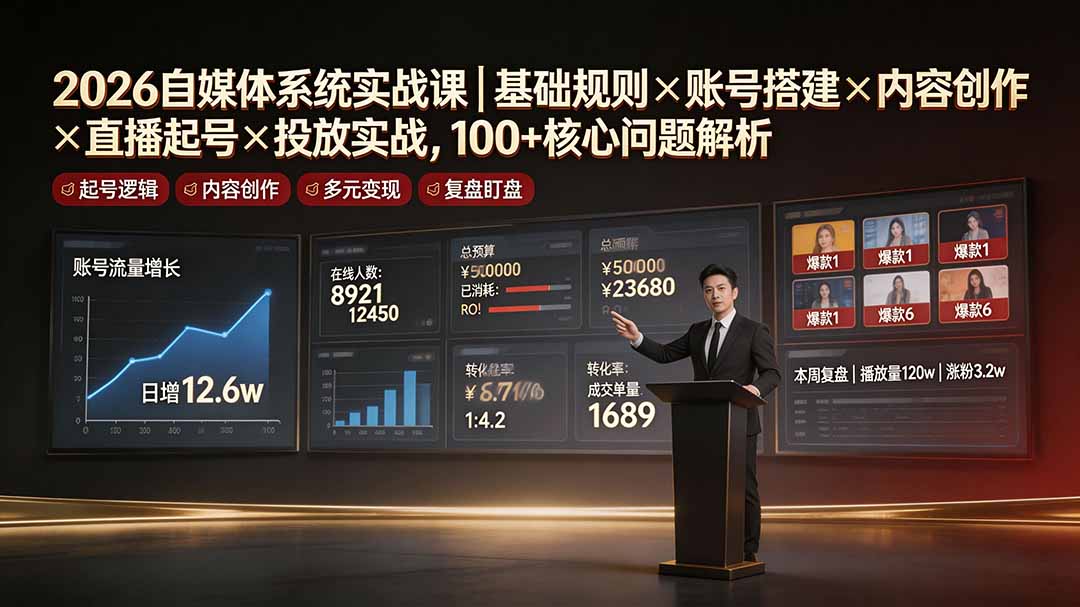 2026自媒体系统实战课｜基础规则×账号搭建×内容创作×直播起号×投放实战，100+核心问题解析-吾爱自习网