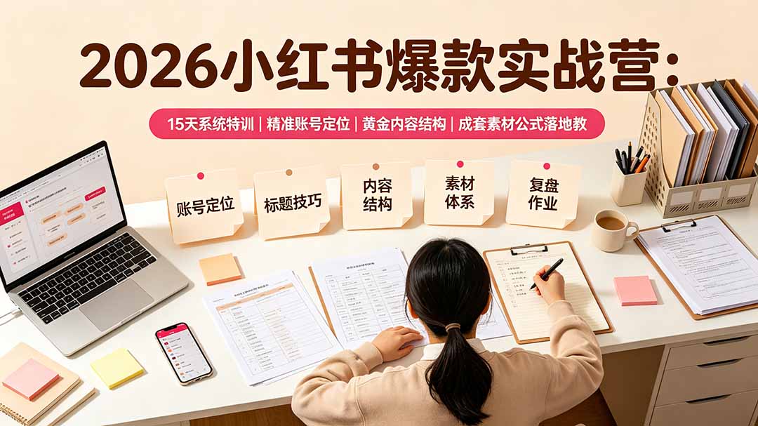 2026小红书爆款实战营：15天系统特训｜精准账号定位｜黄金内容结构｜成套素材公式落地教程福星网赚创业资源-网赚项目-副业赚钱-互联网创业-资源整合福星网赚资源