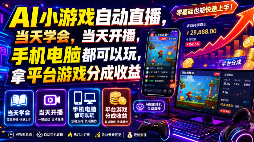 AI小游戏自动直播,当天学会,当天开播,手机电脑都可以玩,拿平台游戏分成收益-旺仔资源库
