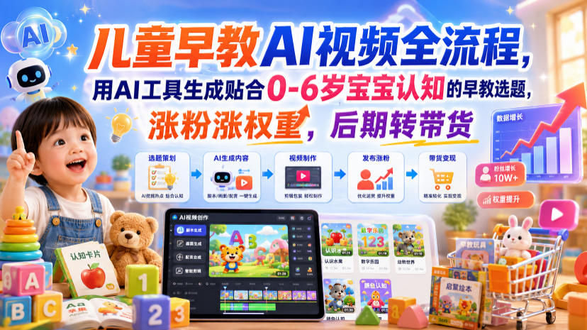 儿童早教AI视频全流程，用AI工具生成贴合0-6岁宝宝认知的早教选题，涨粉涨权重，后期转带货福星网赚创业资源-网赚项目-副业赚钱-互联网创业-资源整合福星网赚资源