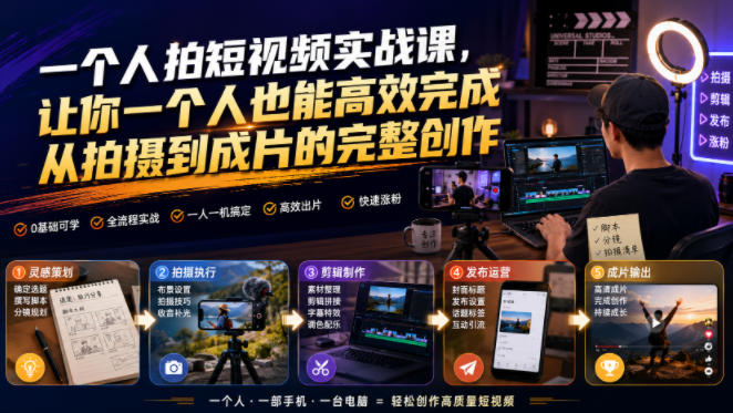 一个人拍短视频实战课，让你一个人也能高效完成从拍摄到成片的完整创作-旺仔资源库