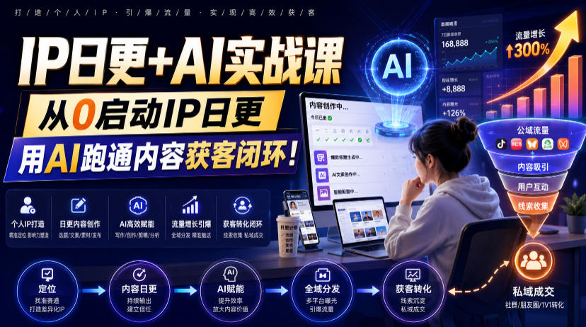 IP日更+AI实战课，从0启动IP日更，IP置顶视频制作+100条选题库搭建+10条日更规划，用AI跑通内容获客闭环!-吾爱自习网