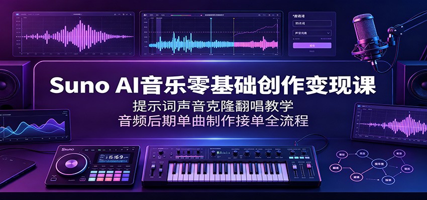 Suno AI音乐零基础创作变现课：提示词声音克隆翻唱教学，音频后期单曲制作接单全流程-吾爱自习网