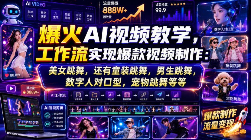爆火AI视频教学，工作流实现爆款视频制作：美女跳舞，还有童装跳舞，男生跳舞，数字人对口型，宠物跳舞等等-吾爱自习网