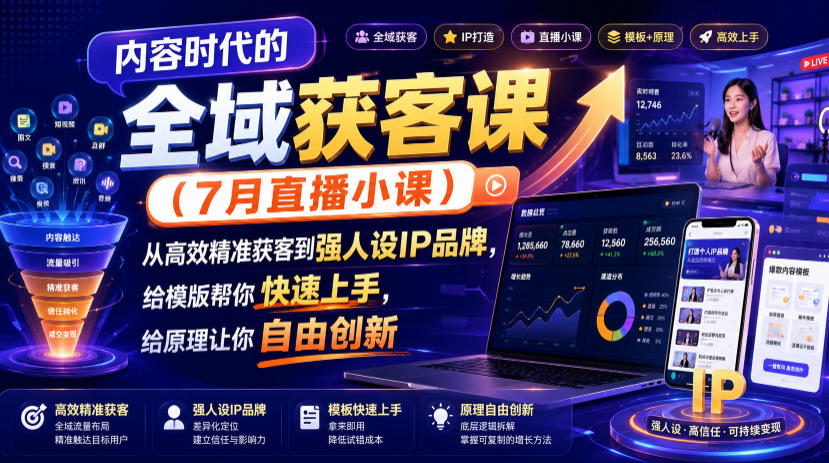 内容时代的全域获客课(7月直播小课)，从高效精准获客到强人设IP品牌，给模版帮你快速上手，给原理让你自由创新-吾爱自习网