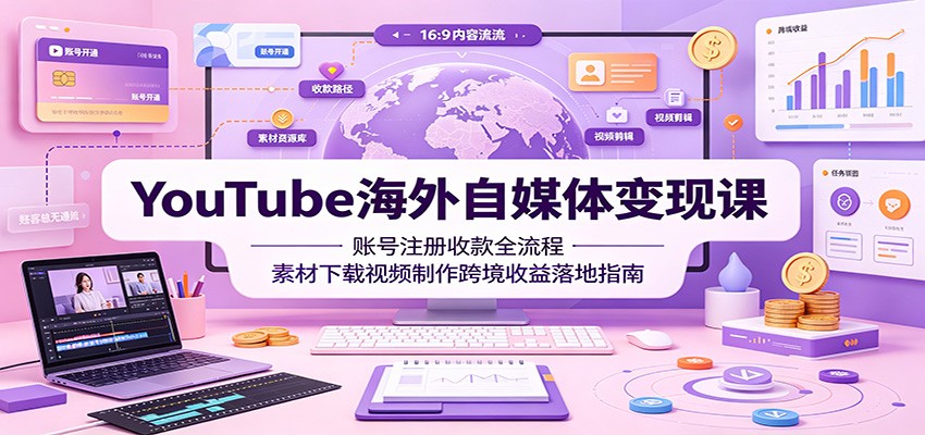 YouTube海外自媒体变现课：账号注册收款全流程，素材下载视频制作跨境收益落地指南-吾爱自习网