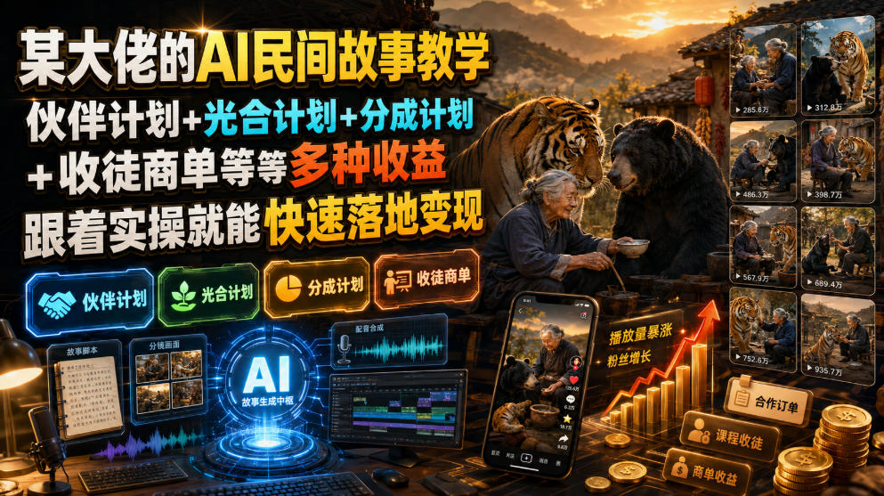 某大佬的AI民间故事教学，伙伴计划+光合计划+分成计划+收徒商单等多种收益，跟着实操就能快速落地变现-吾爱自习网
